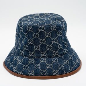 size L Gucci Monogram Blue Denim Bucket Hat GG Leather Trim